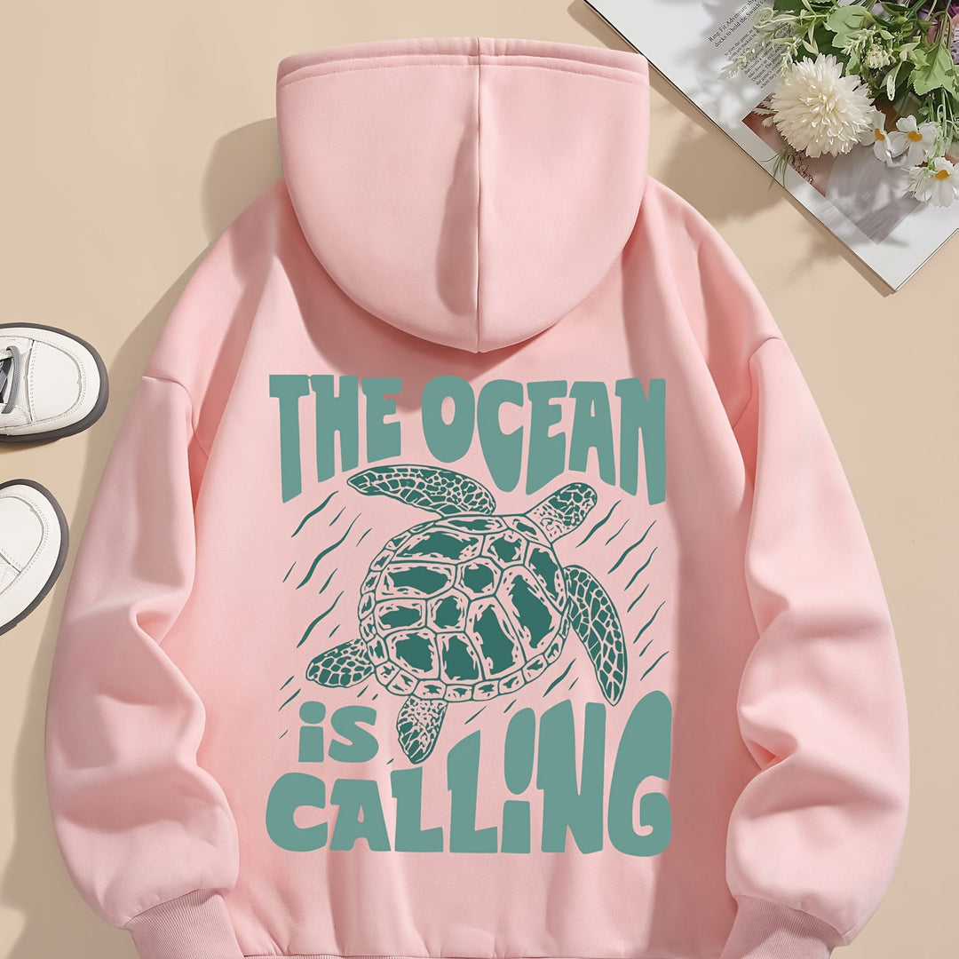 Turtle Print Hoodie Drawstring Sweatshirt Suitable For Women In Winter And Autumn - Golden Treasures  # #