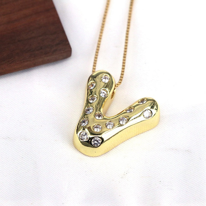 Gold-plated Balloon Bubble Inlaid Zirconium 26 Letter Pendant Necklace - Golden Treasures  # #