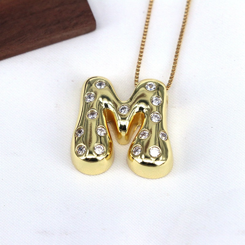 Gold-plated Balloon Bubble Inlaid Zirconium 26 Letter Pendant Necklace - Golden Treasures  # #