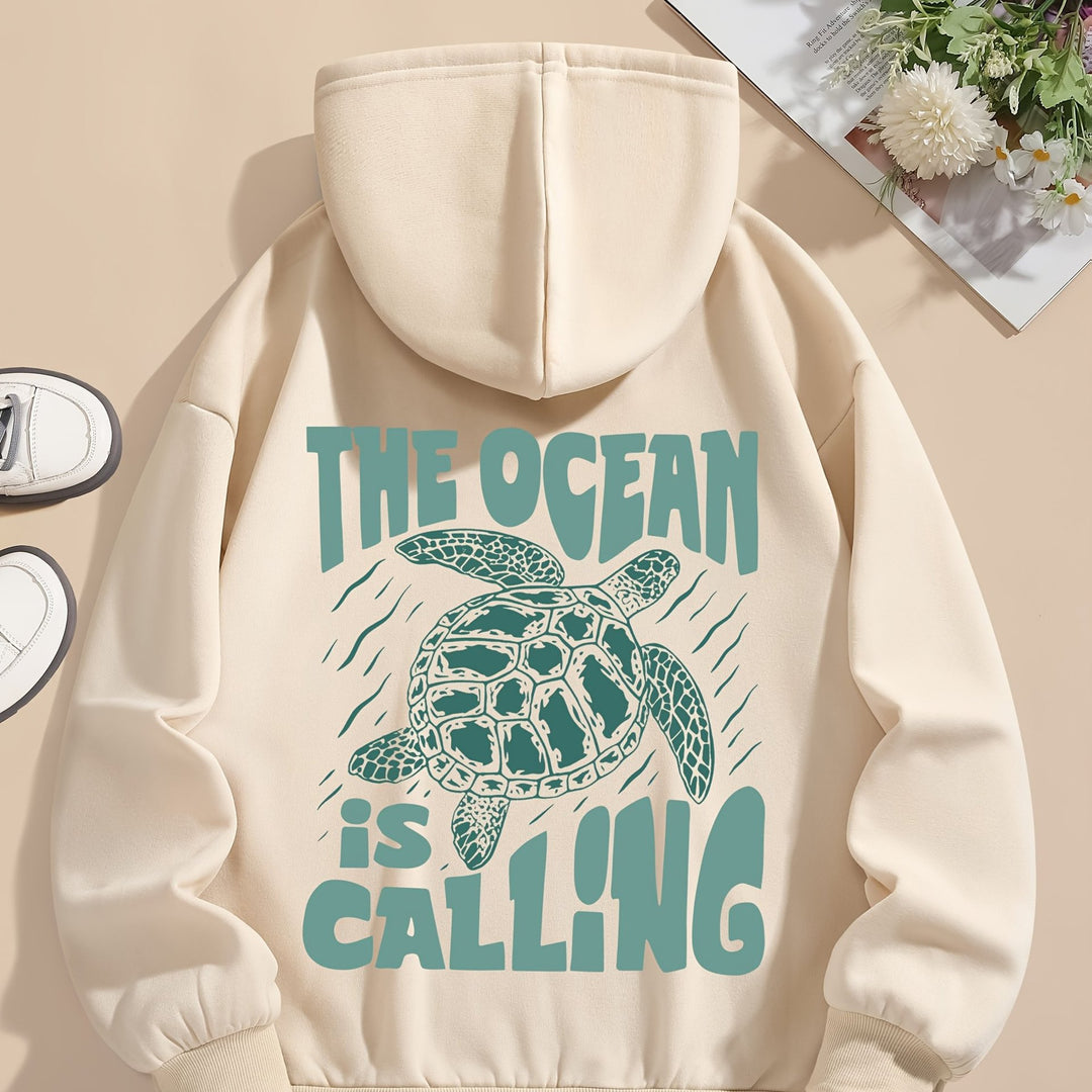 Turtle Print Hoodie Drawstring Sweatshirt Suitable For Women In Winter And Autumn - Golden Treasures  # #