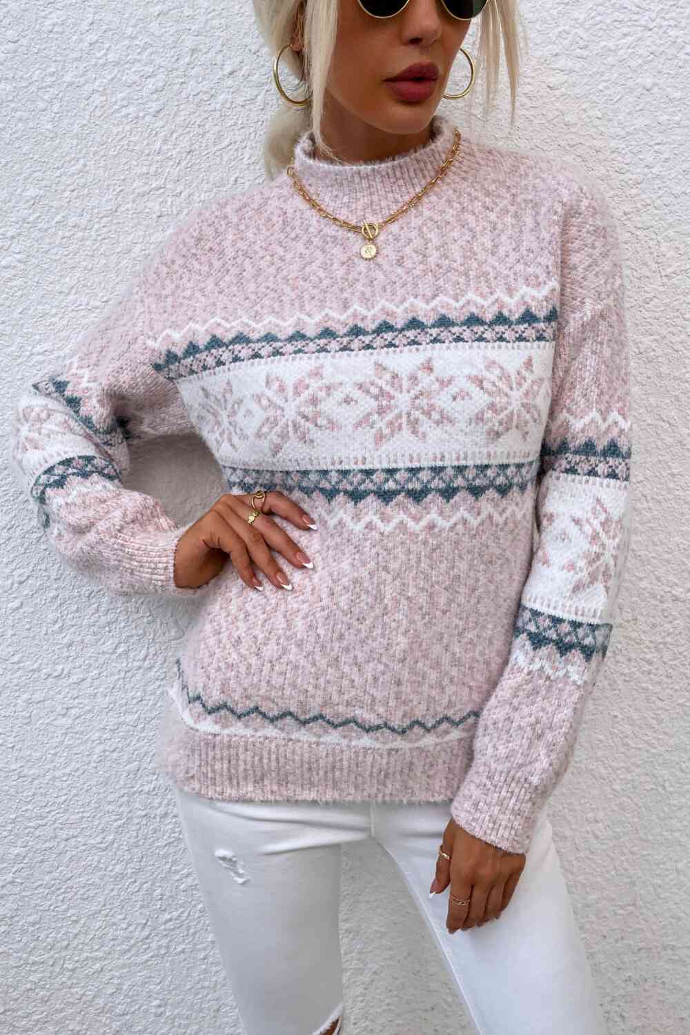 Snowflake Pattern Mock Neck Sweater - Golden Treasures  # #