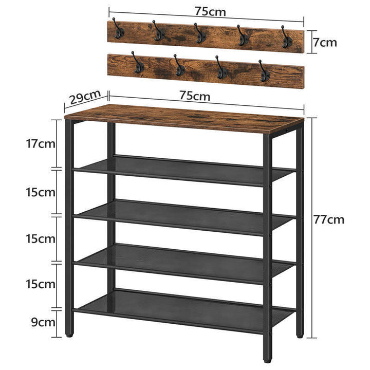 4-tier Shoe Rack Wooden Rustic Foyer With Coat Hook - Golden Treasures  # #