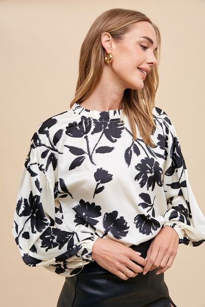 Annie Wear Frill Printed Balloon Sleeve Blouse - Golden Treasures  # #