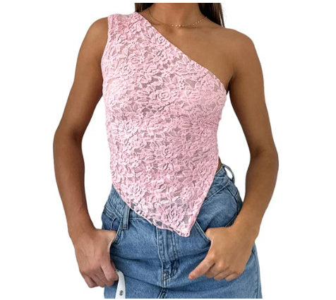 Ins Lace Backless Top Summer Waistless Sloped Neck Vest Streetwear