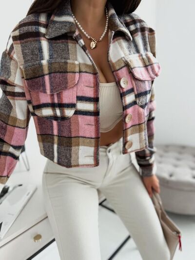 Pocketed Collared Neck Long Sleeve Plaid Jacket - Golden Treasures  # #