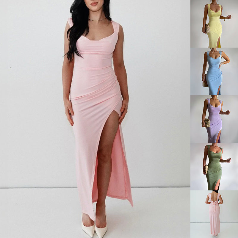 Slim Sleeveless Slit Dress With Back Tie Design Fashion Temperament Dresses