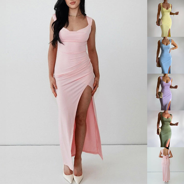 Slim Sleeveless Slit Dress With Back Tie Design Fashion Temperament Dresses