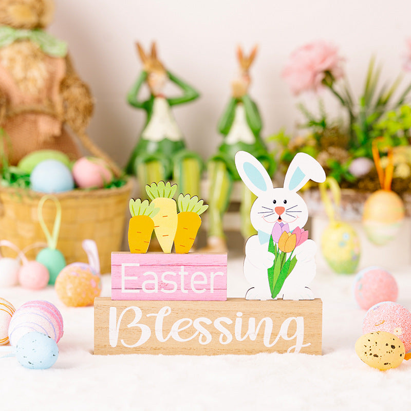 Easter Supplies Easter Rabbit Holding Flower Wooden Decoration