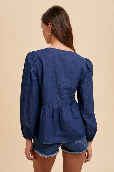 Annie Wear Tie Front Peplum Long Sleeve Denim Top - Golden Treasures  # #