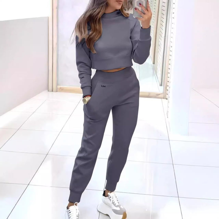 Stand Collar Sports Suit Fashion Pullover Long-sleeves Short Top And Slim Trousers With Pockets Solid Outfits Women's Clothing - Golden Treasures  # #