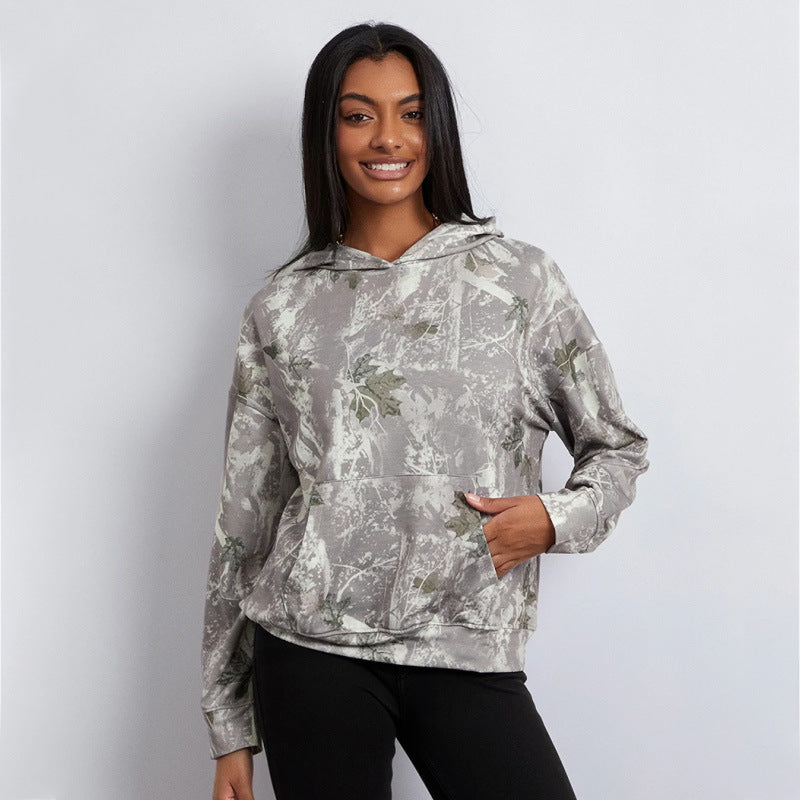 Women's Loose Camouflage Hoodie Maple Leaf Sweater - Golden Treasures  # #