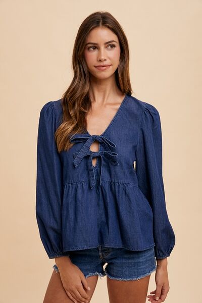 Annie Wear Tie Front Peplum Long Sleeve Denim Top - Golden Treasures  # #