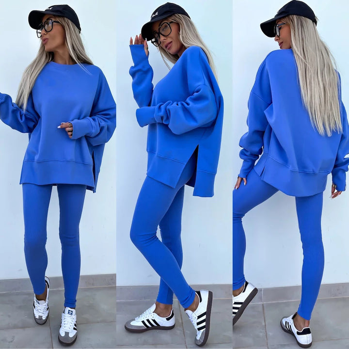 Sweater Suit Women's Casual Loose Long Sleeve Crew Neck Split Top Tight Trousers - Golden Treasures  # #