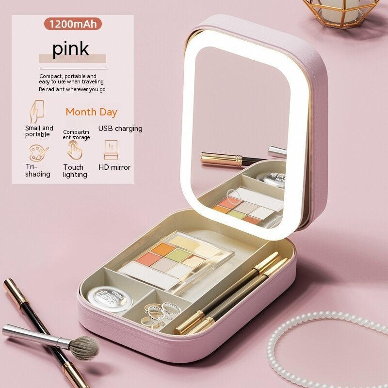 Makeup Storage Box With LED Light Mirror Portable Travel Makeup Cosmetics Storage Box Touch Light Storage Organizer - Golden Treasures  # #