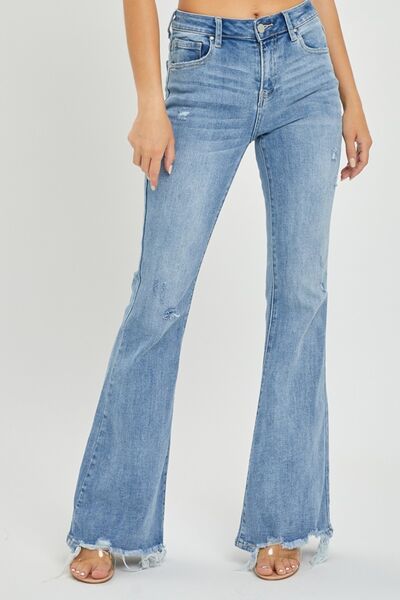 Risen Full Size High Rise Frayed Hem Flare Jeans - Golden Treasures  # #